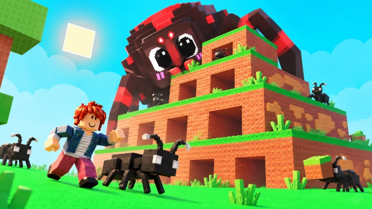 Build An Ant Empire official key art showing the ant hill, ants carrying blocks and a giant spider boss